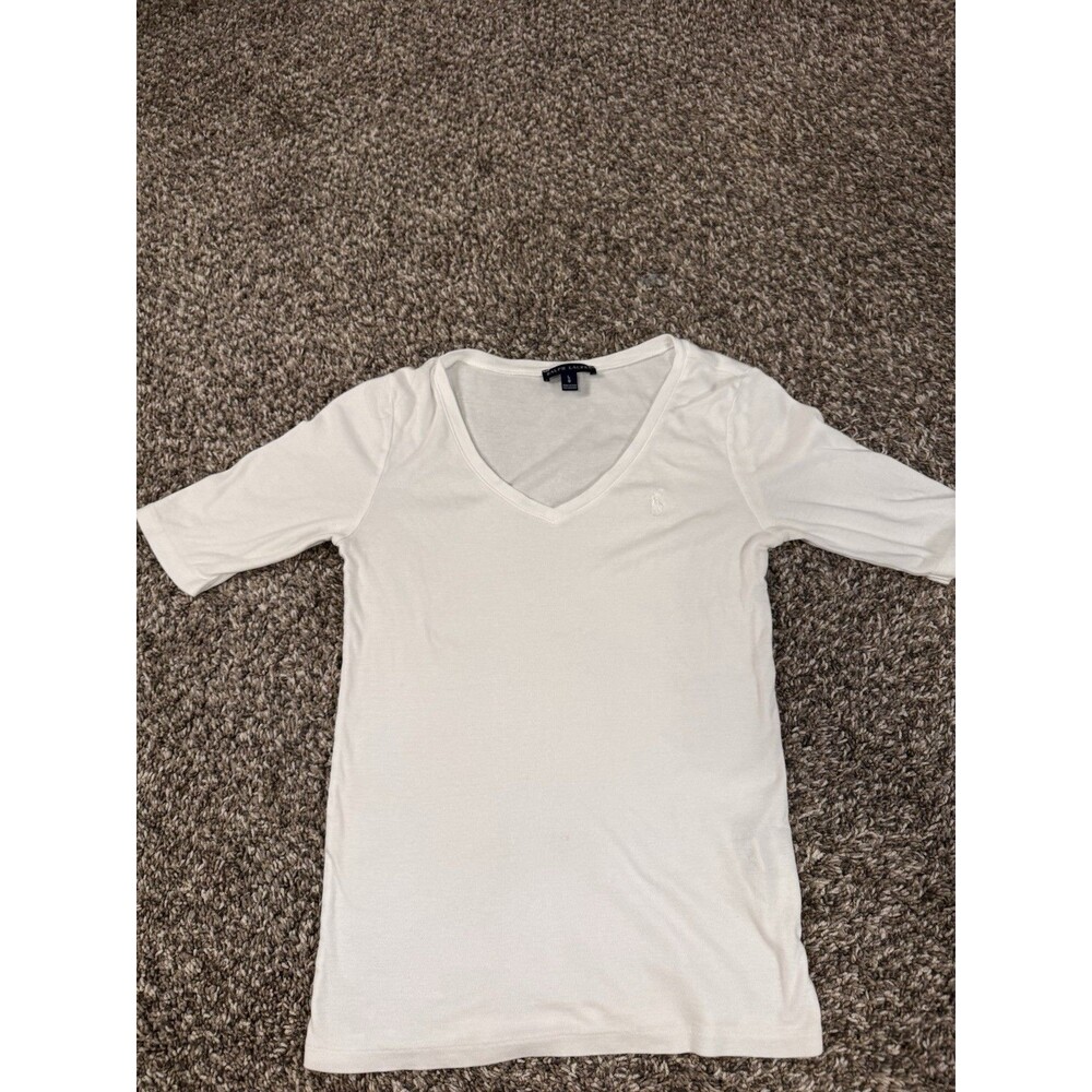 Ralph Lauren Women’s L White V Neck T Shirt Cotton Lyocell Pony Logo Top
